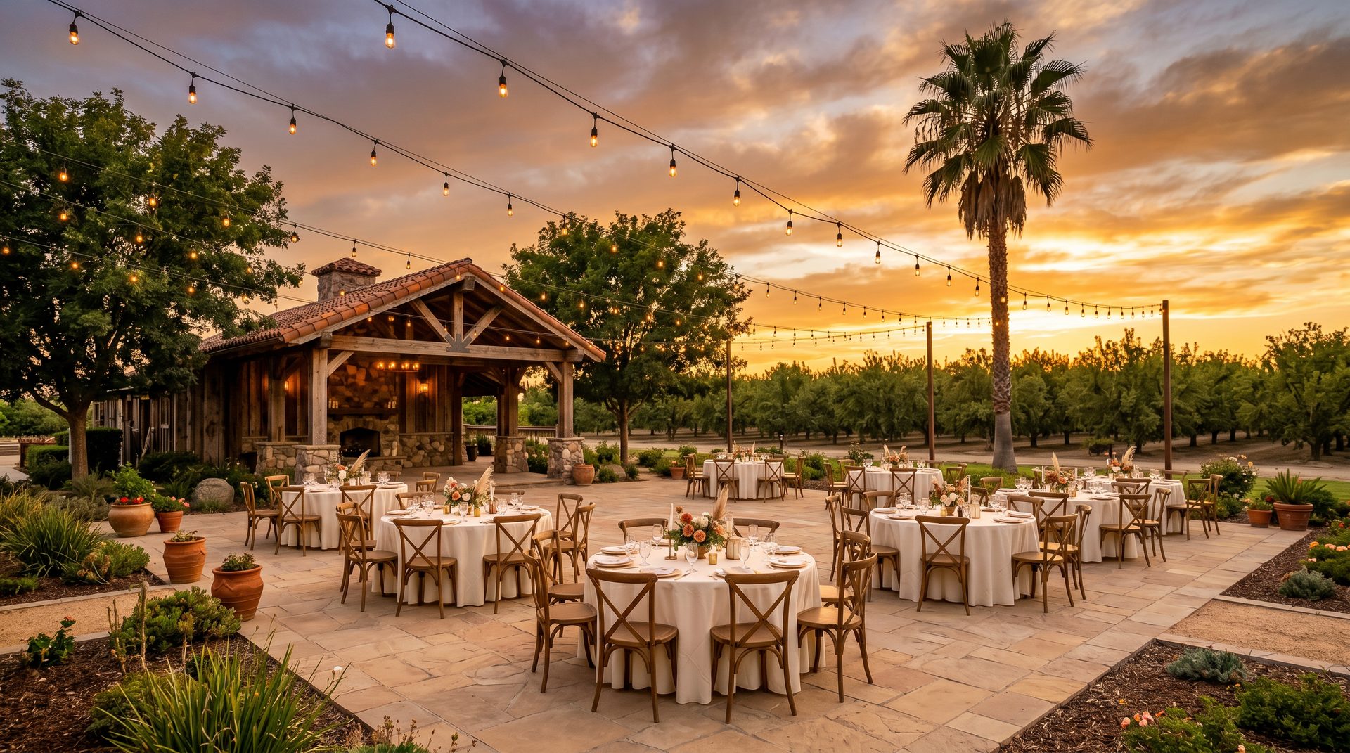 String lights glowing over the outdoor celebration patio at Rancho El Alamo in McFarland at sunset