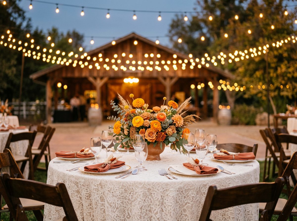 Outdoor celebration table set under string lights at Rancho El Alamo