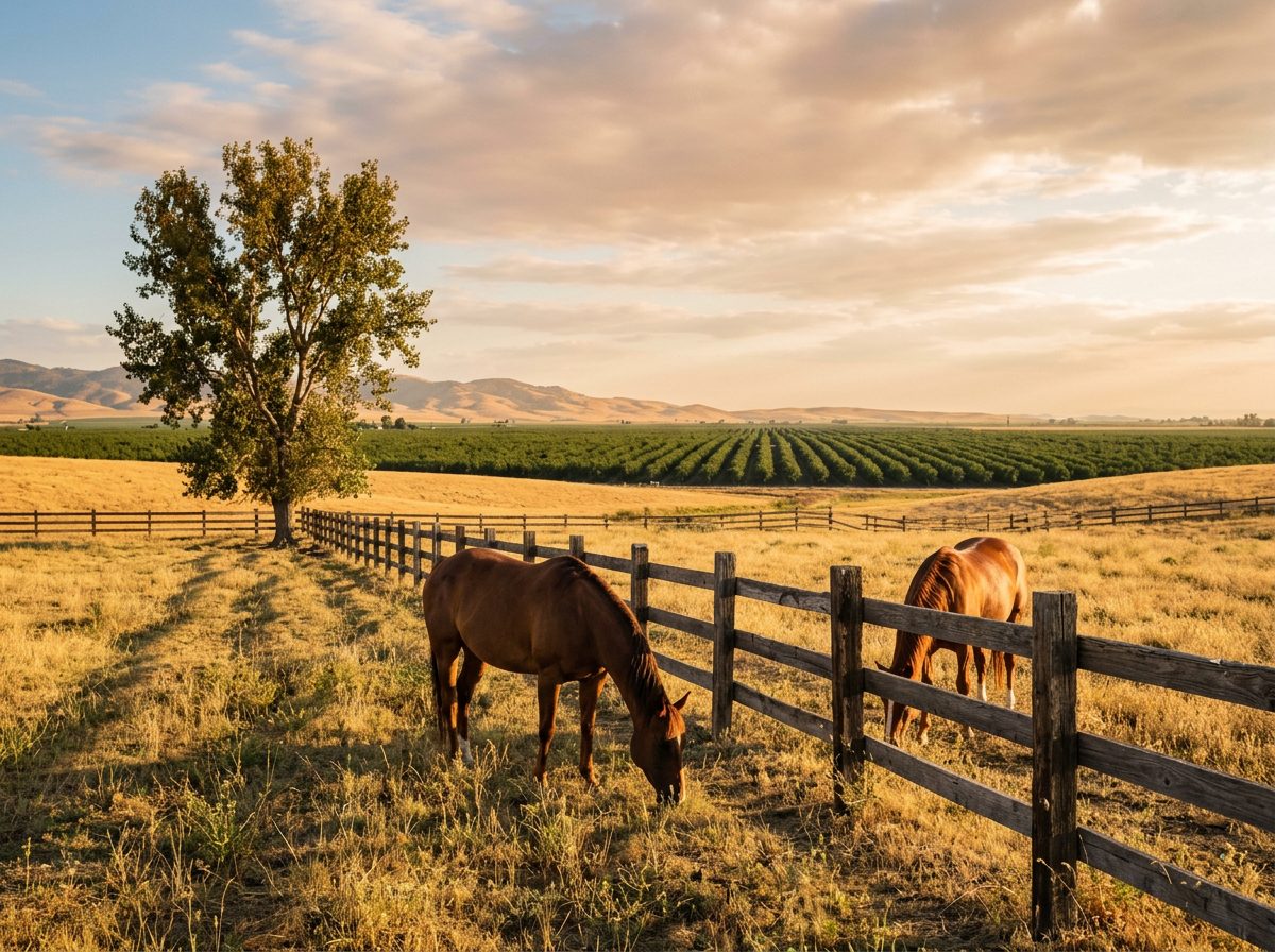 Horses grazing in a golden pasture beside a wooden fence at Rancho El Alamo